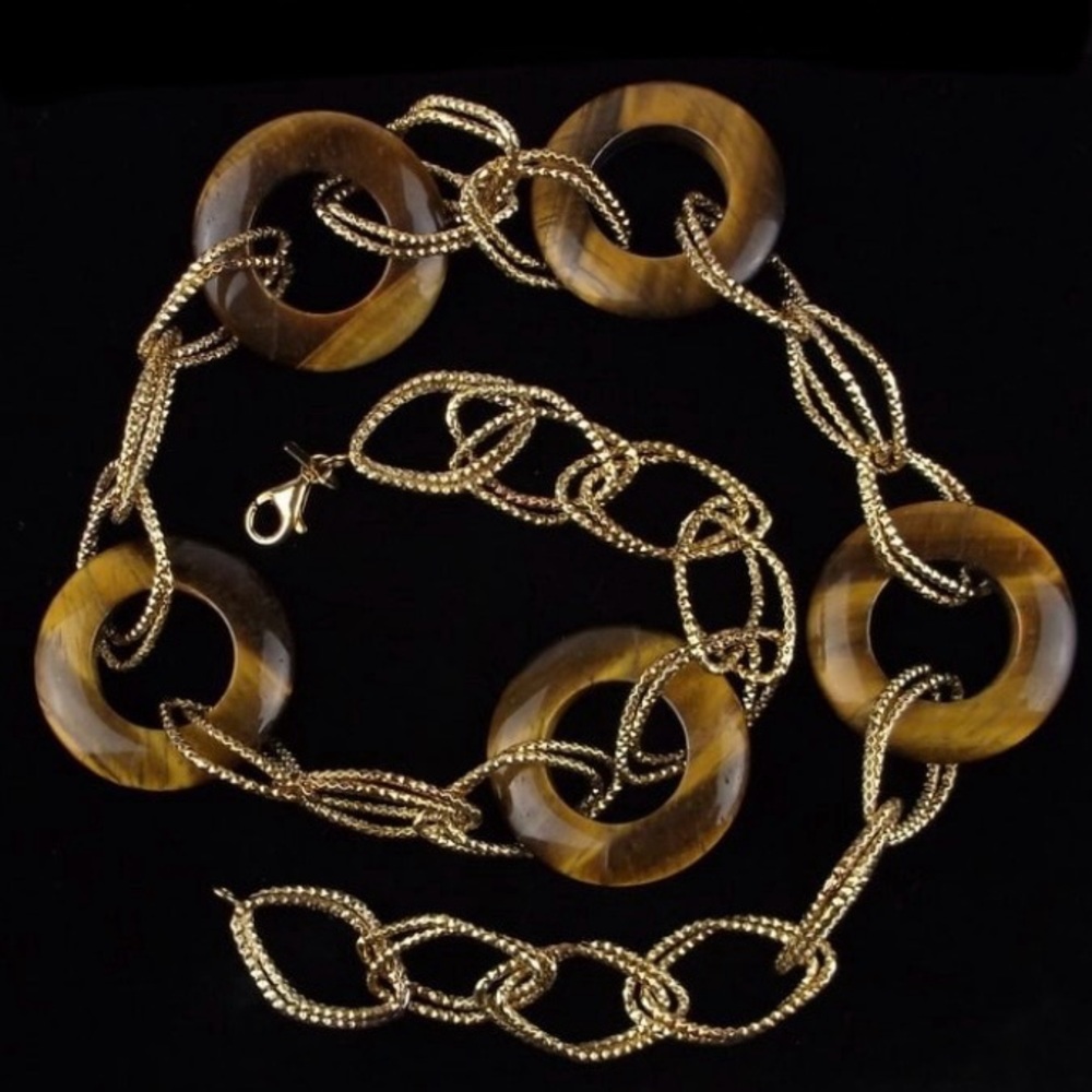 New Designer Gold Over Sterling Silver Tigers Eye Chain Necklace 20"